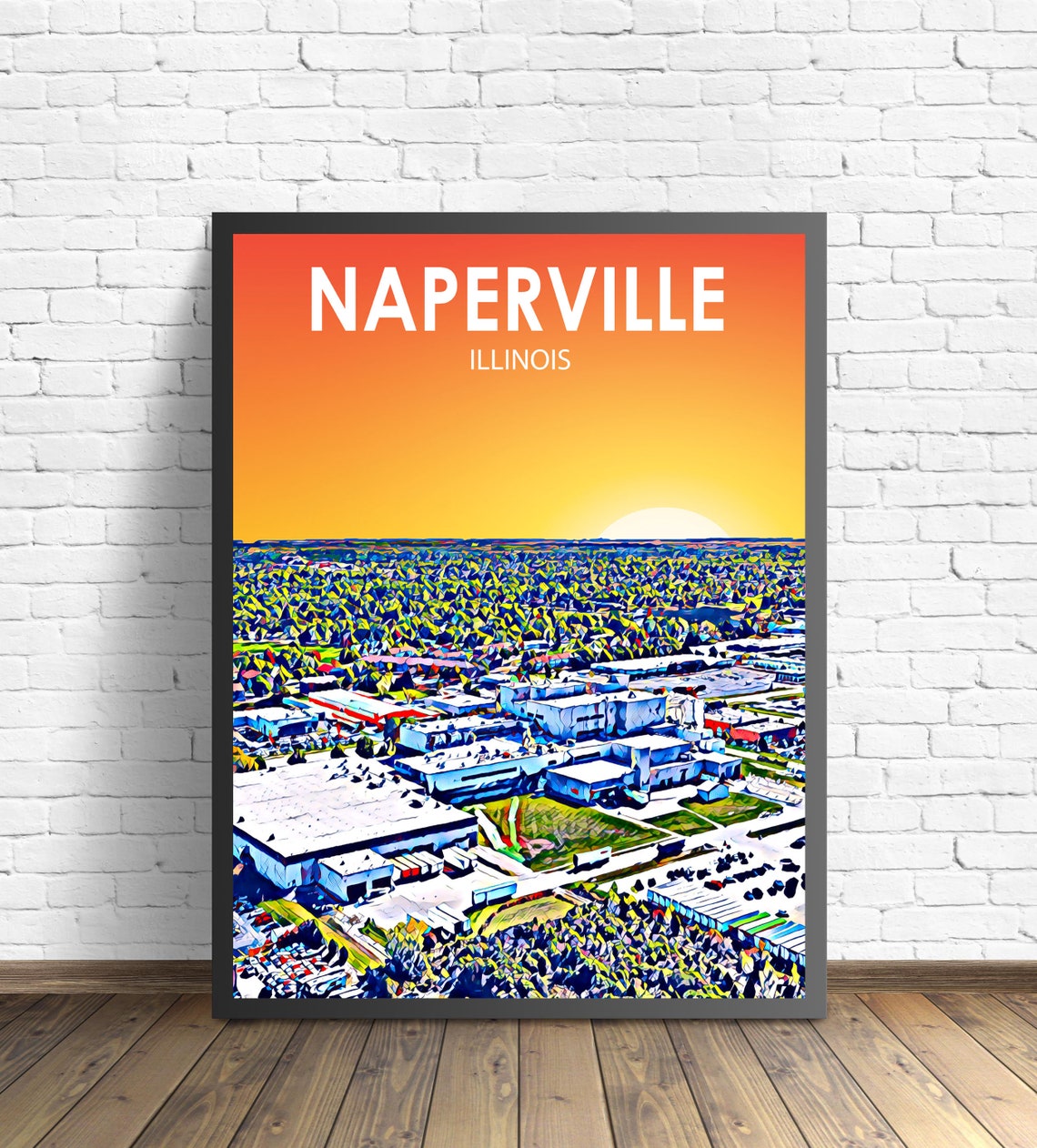 Naperville Illinois Colorful Sunset Skyline City Travel Poster