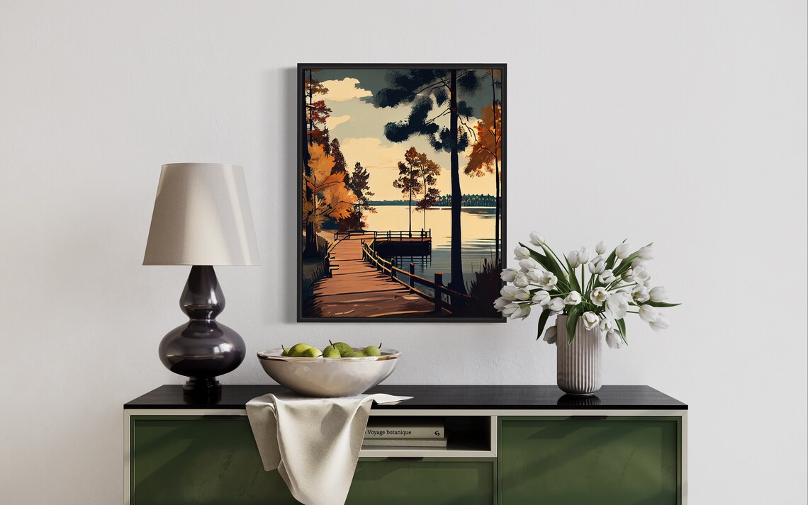 Serene Autumn Lake Wooden Dock Golden Sunset Landscape Art Poster - Image 3