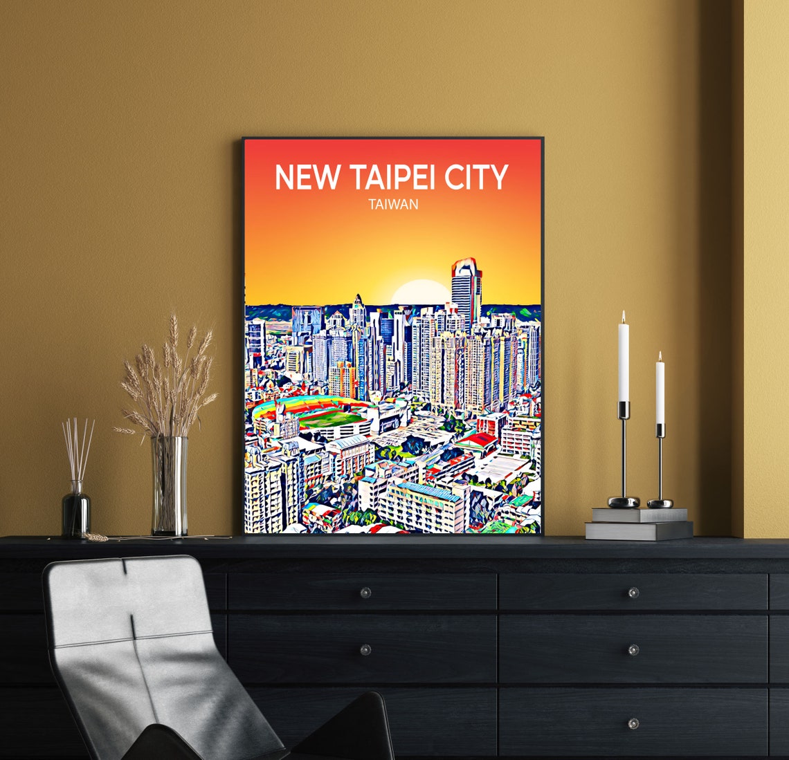 New Taipei City Taiwan Sunset Skyline Pop Art Urban Travel Poster - Image 2