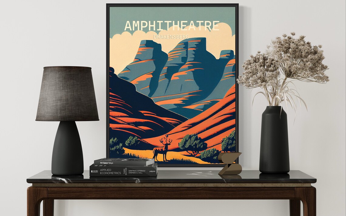 Amphitheatre Drakensberg Mountain Peaks Stag Retro Travel Poster - Image 2