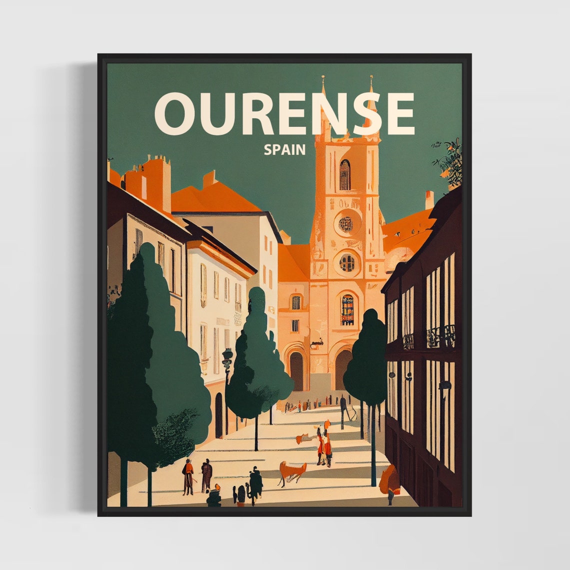 Ourense Spain Retro Cathedral Tower Old Town Plaza Scene Poster