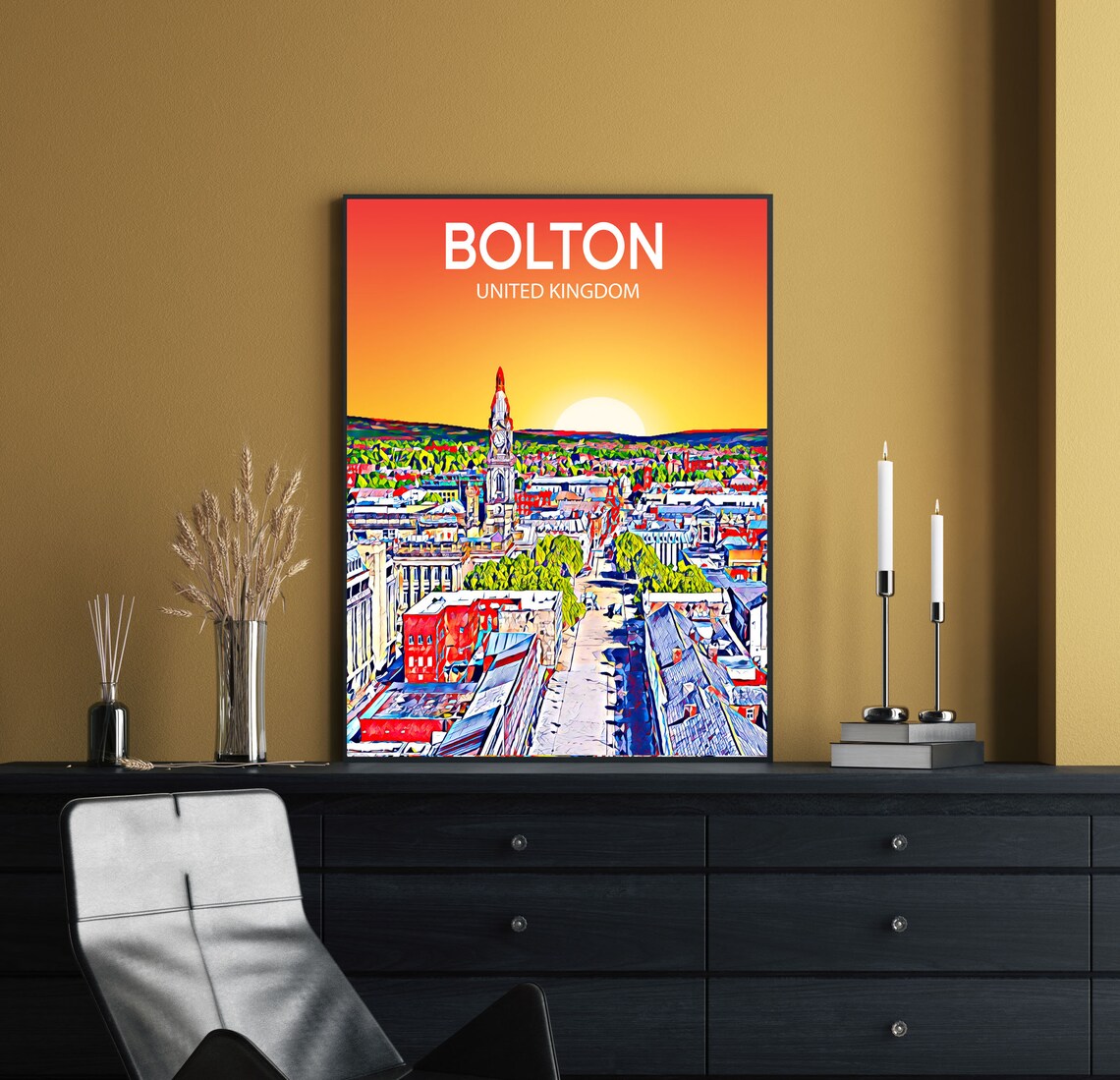 Bolton United Kingdom Fiery Sunset Cityscape Tower Art Poster - Image 2