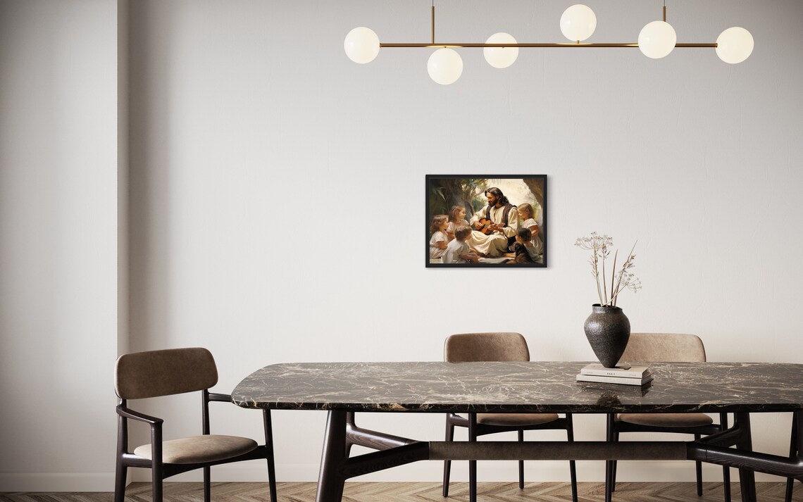 Jesus With Children Playing Guitar Warm Faith Christian Art Poster - Image 3