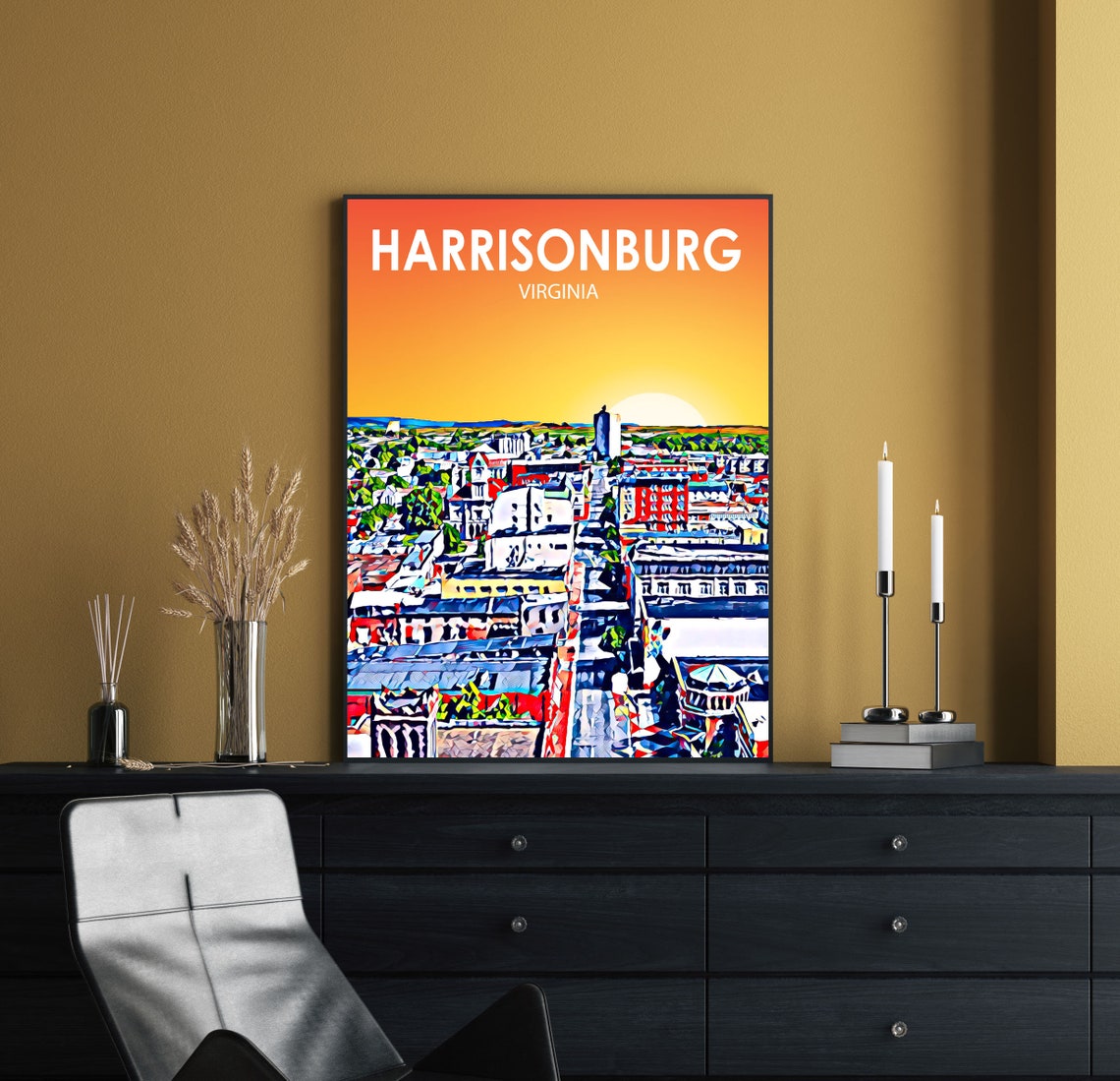 Harrisonburg Virginia Day and Night Skyline Matching Poster Duo - Image 2