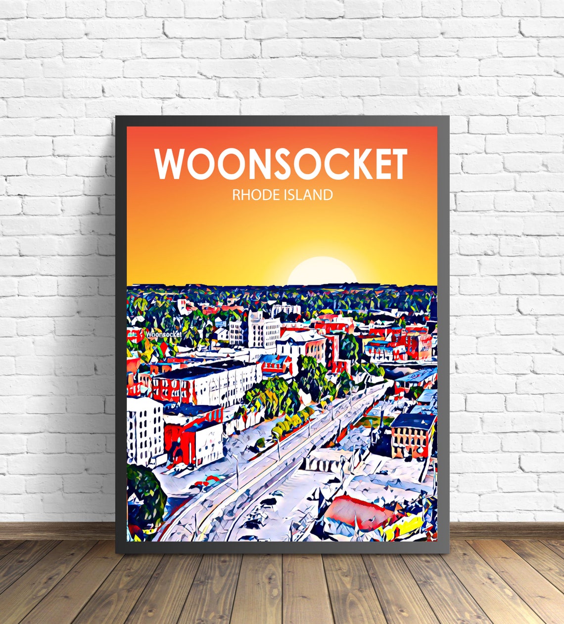 Woonsocket Rhode Island Sunset Main Street Aerial Painted Poster