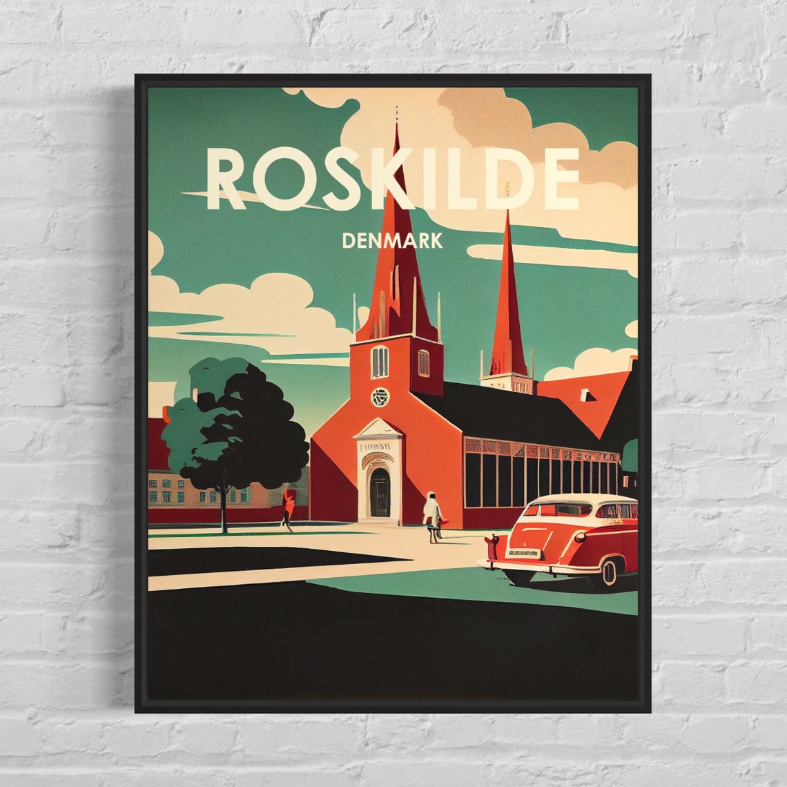 Roskilde Denmark Cathedral Twin Spires Retro Travel Town Poster