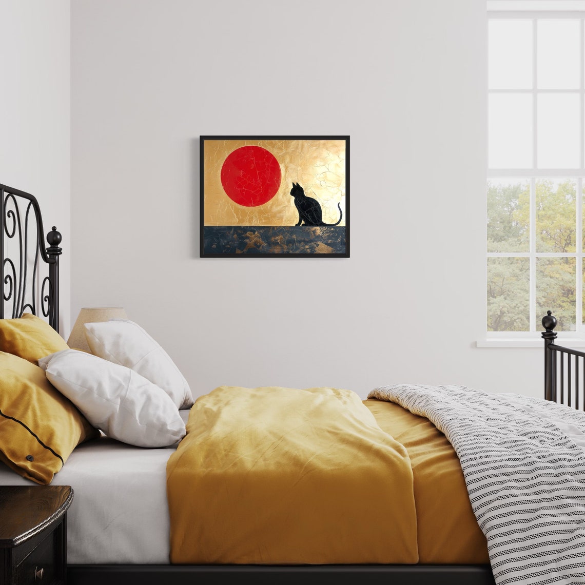 Black Cat Silhouette Gazing at Red Sun Minimalist Art Poster - Image 3