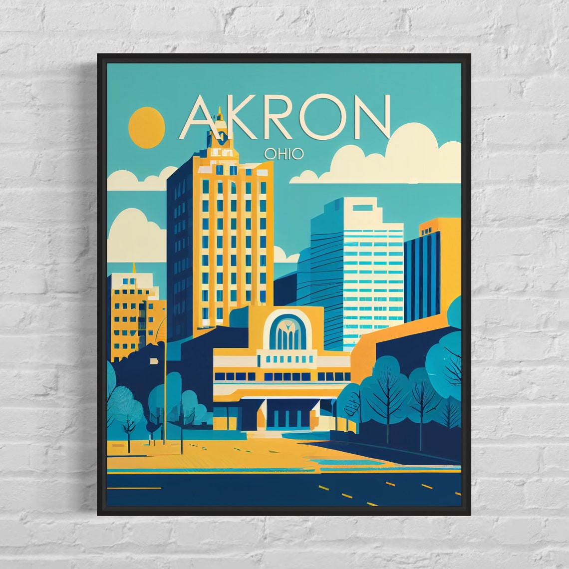 Akron Ohio Retro Downtown Skyline Golden Morning Sun Tower Poster