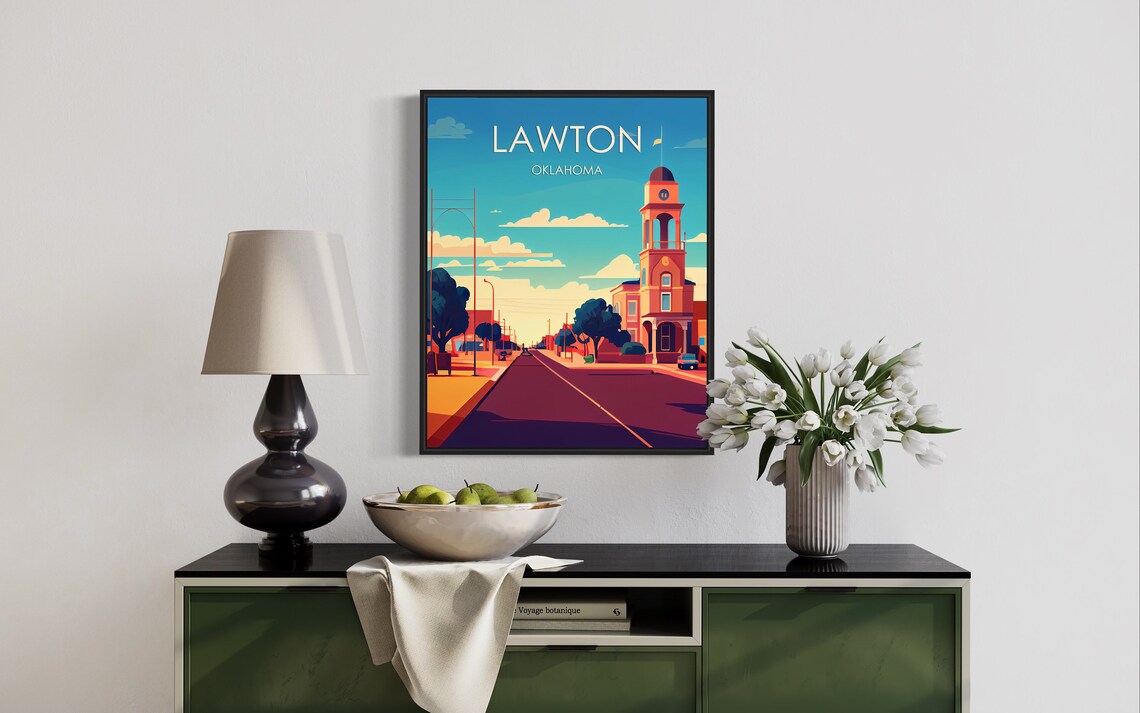 Lawton Oklahoma Retro Main Street Clock Tower Vintage City Poster - Image 3