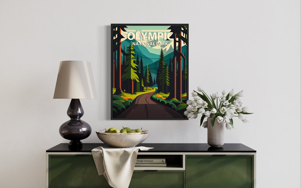 Olympic National Park Winding Forest Road Retro Style Travel Poster - Image 2
