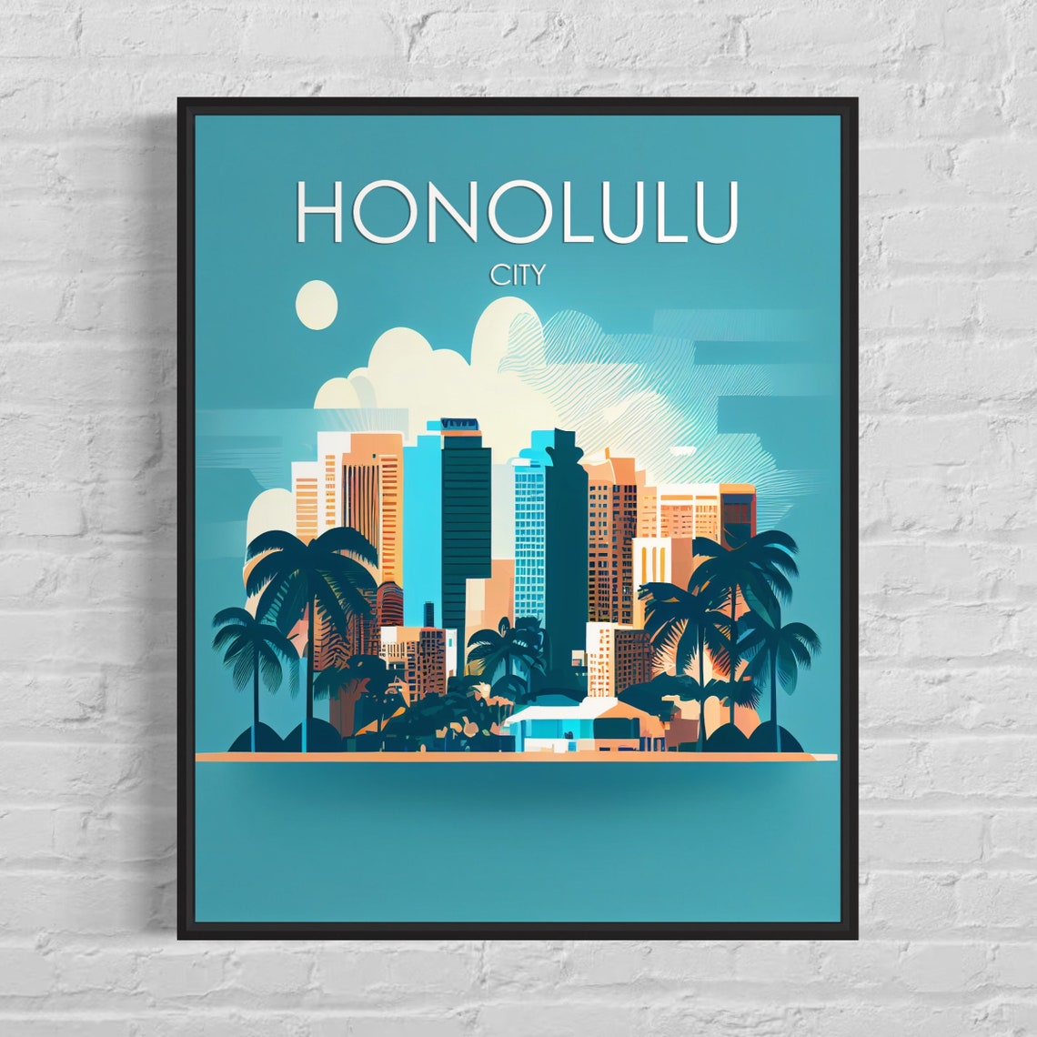 Honolulu City Skyline Tropical Palm Trees Retro Travel Poster