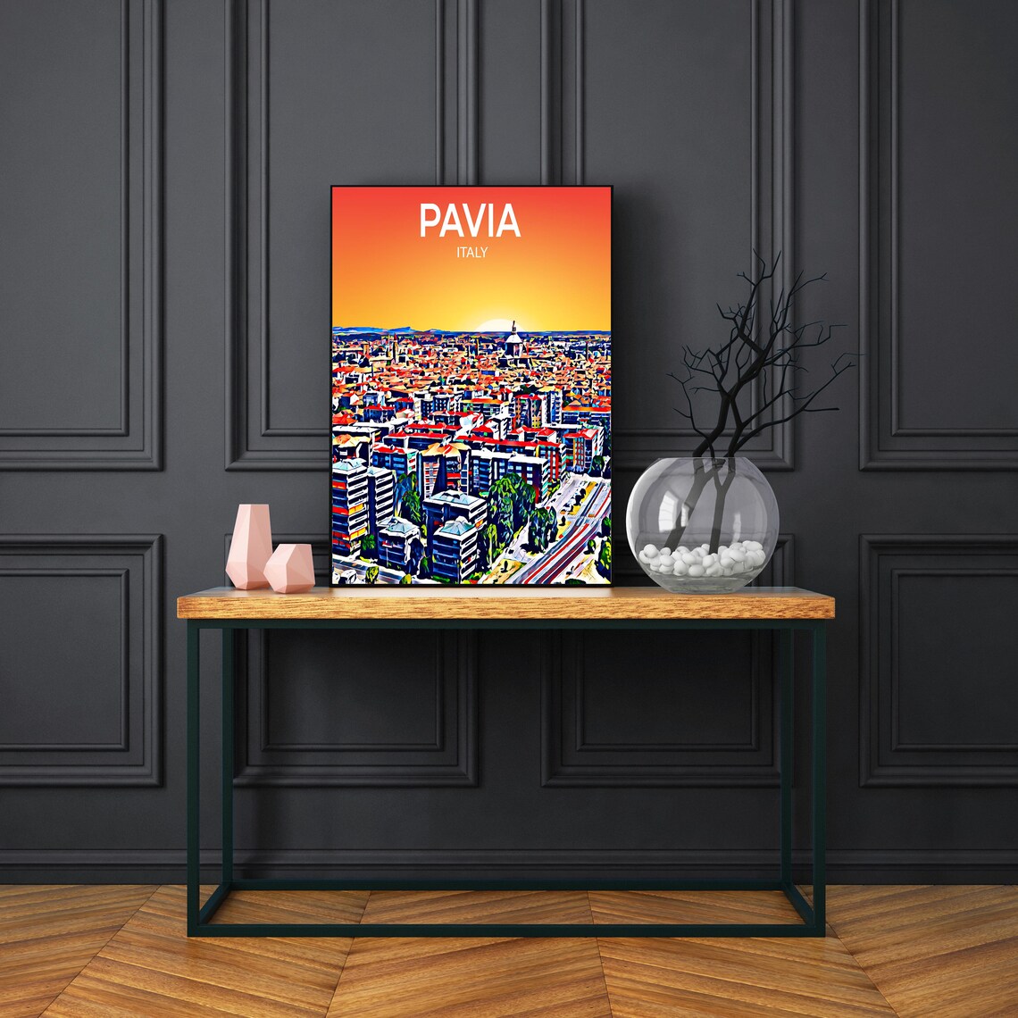 Pavia Italy Fiery Orange Sunset Aerial Cityscape Towers Art Poster - Image 3