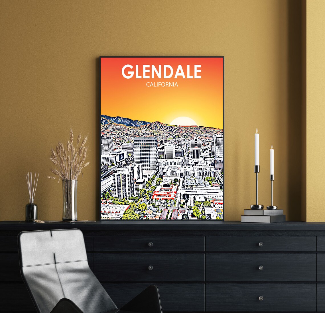 Glendale California Fiery Orange Sunset Skyline City Art Poster - Image 2
