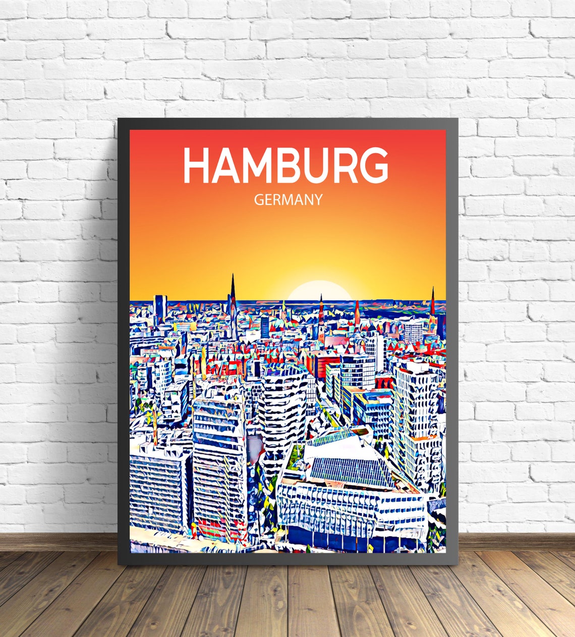 Hamburg Germany Fiery Orange Sunset City Spires Skyline Art Poster
