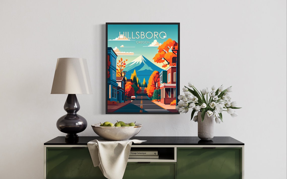 Hillsboro Oregon Autumn Street Snow Capped Mountain Backdrop Poster - Image 3