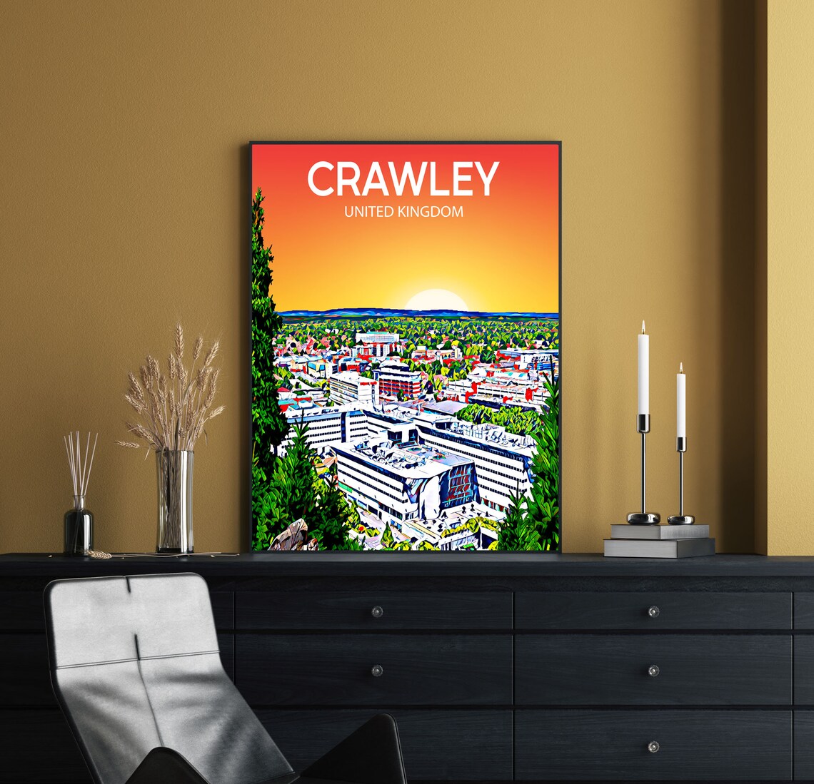 Crawley United Kingdom Sunset Skyline Pop Art City Travel Poster - Image 2