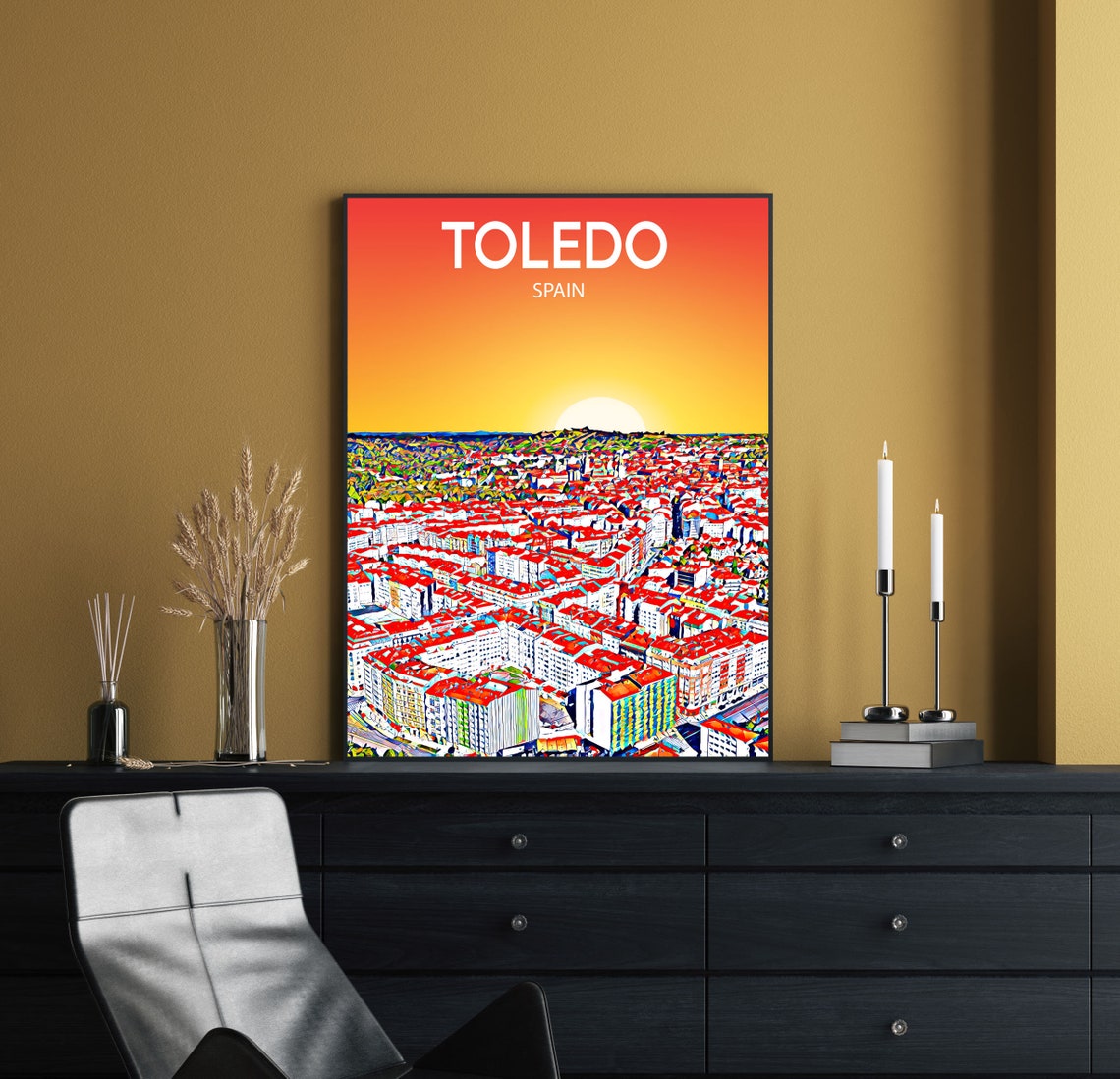 Toledo Spain Fiery Orange Sunset Red Rooftops Old Town Art Poster - Image 2