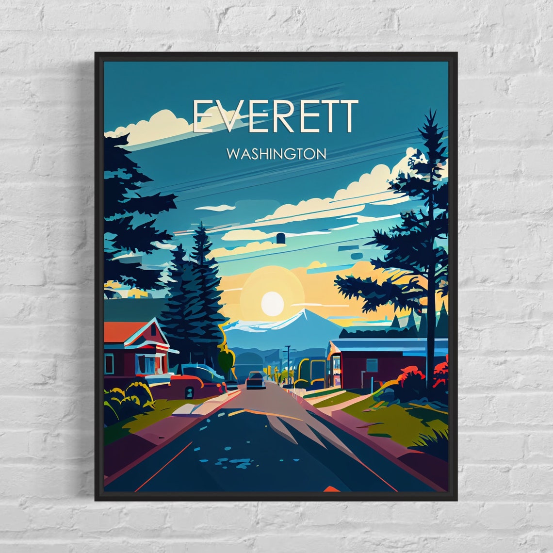 Everett Washington Mountain Sunset Suburban Street Travel Poster