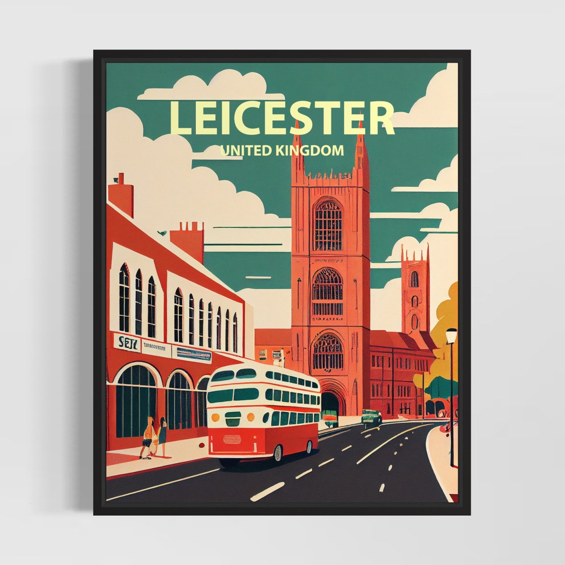 Leicester United Kingdom Cathedral Bus Vintage Travel Poster