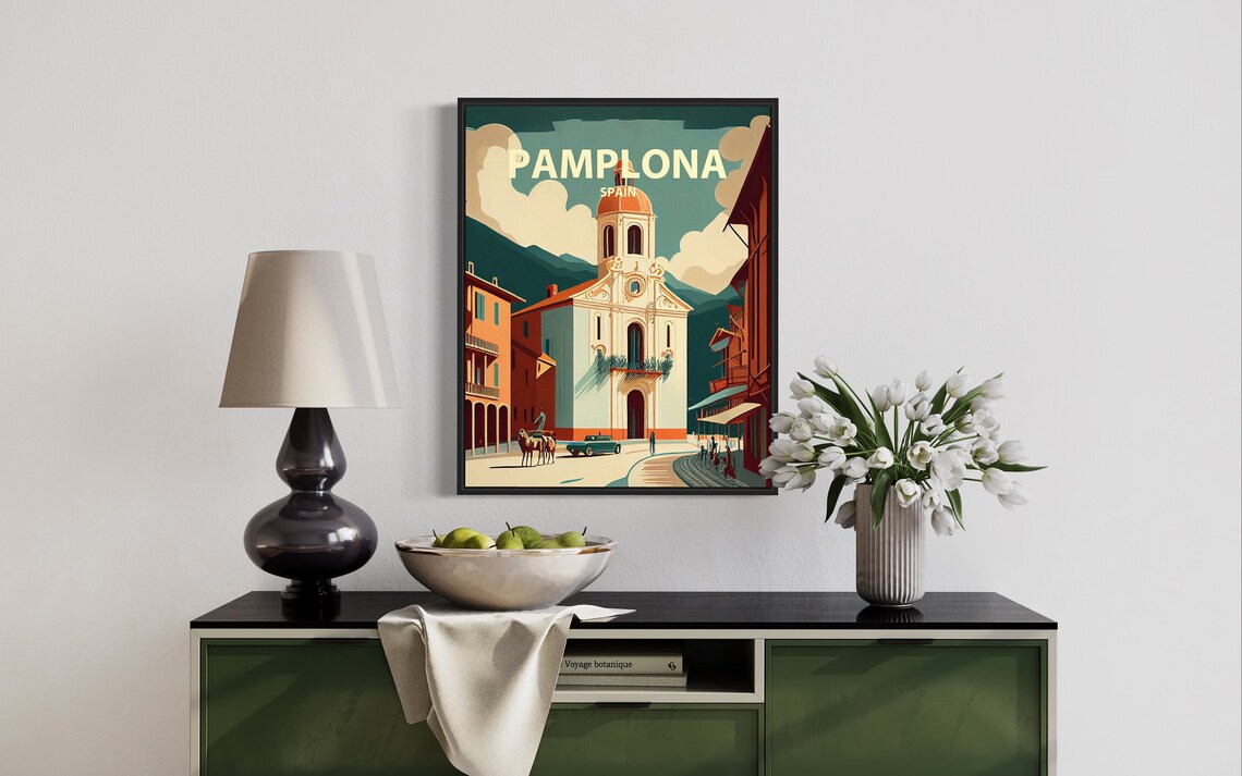 Pamplona Spain Retro Vintage Church Street Scene Travel Art Poster - Image 3