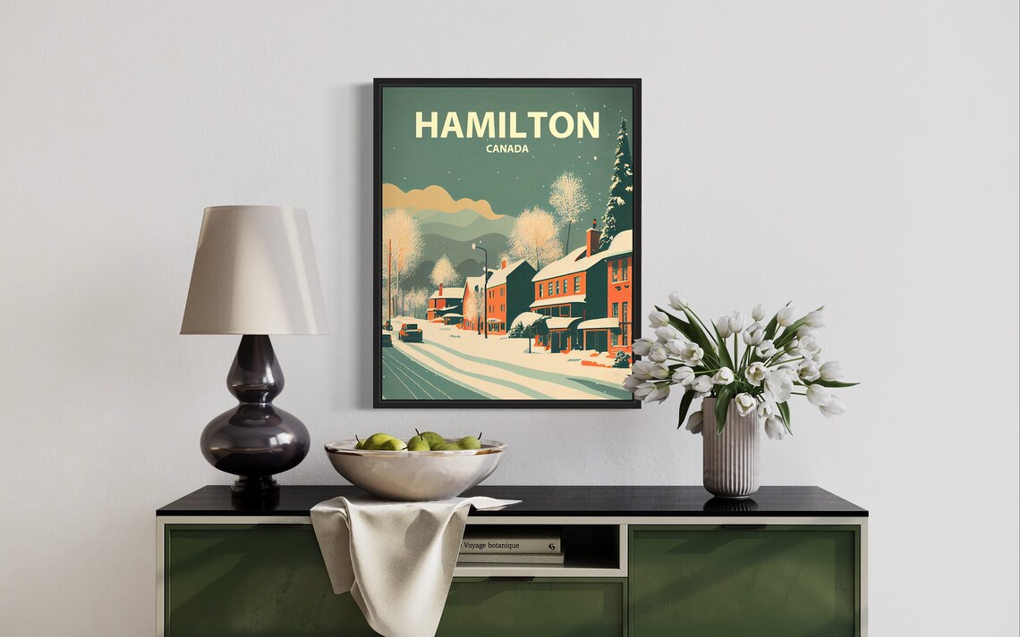 Hamilton Ontario Snowy Town Street Retro Winter Scene Travel Poster - Image 2
