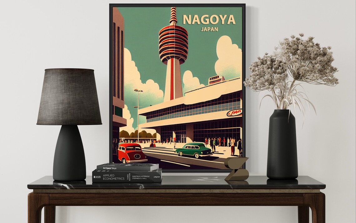 Nagoya Japan TV Tower Retro Street Scene Vintage City Poster - Image 3