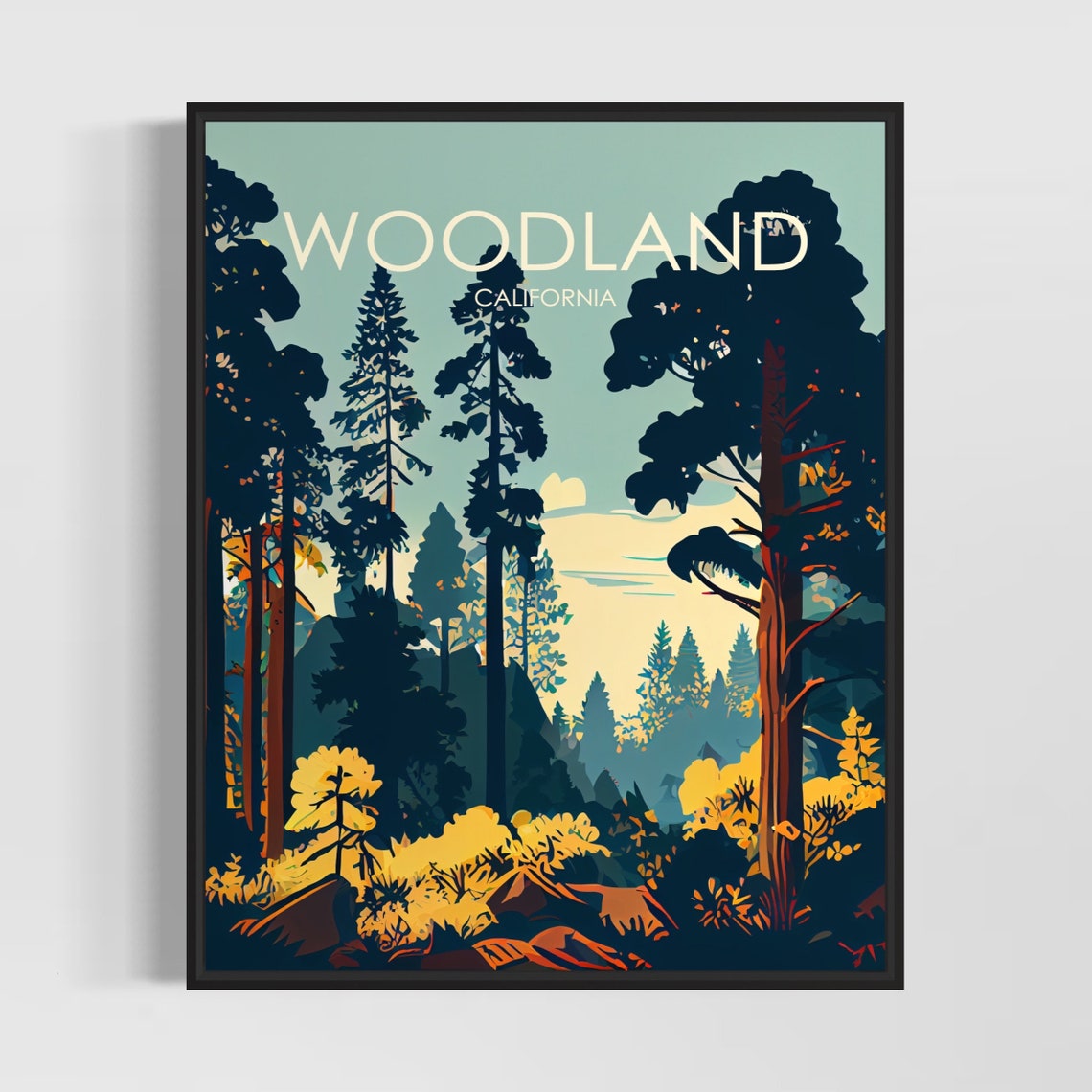 Woodland California Towering Pine Forest Golden Light Art Poster