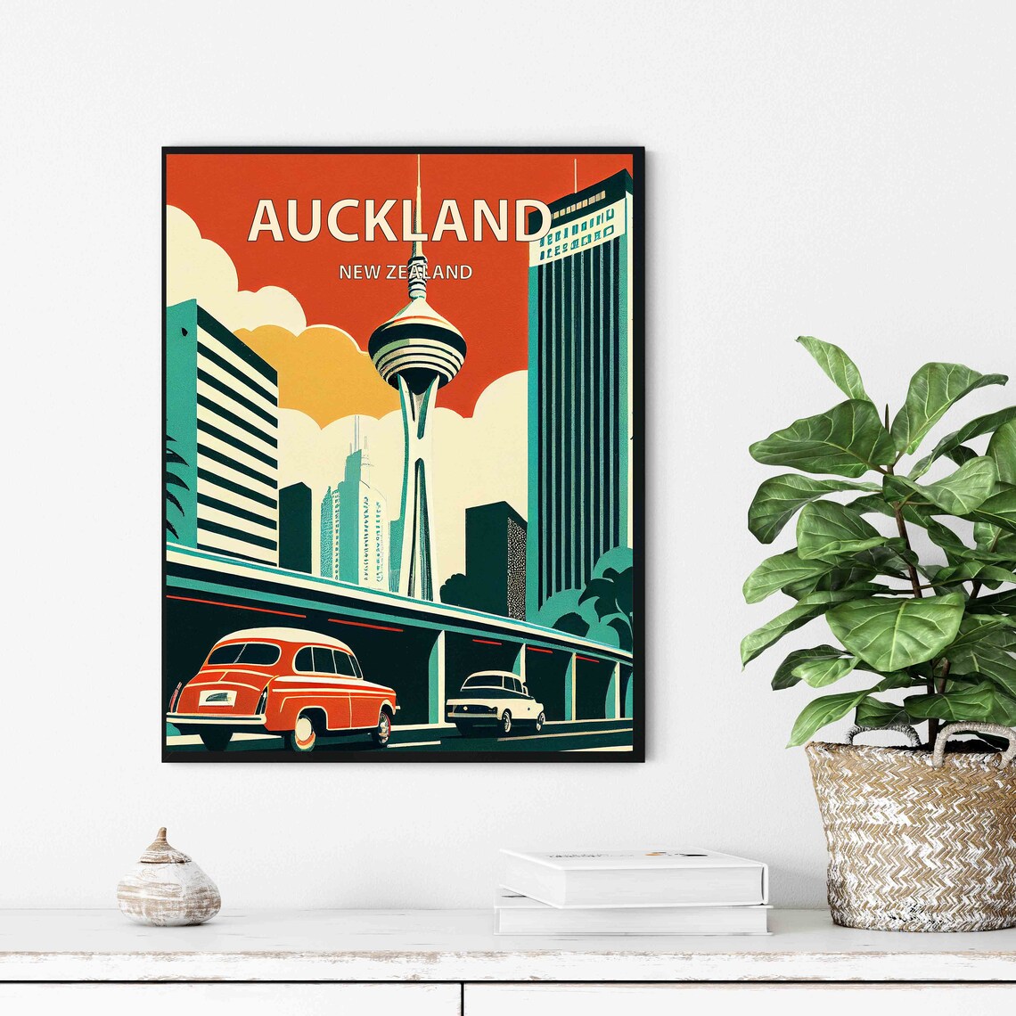 Auckland New Zealand Sky Tower Vintage Cars Retro Travel Poster