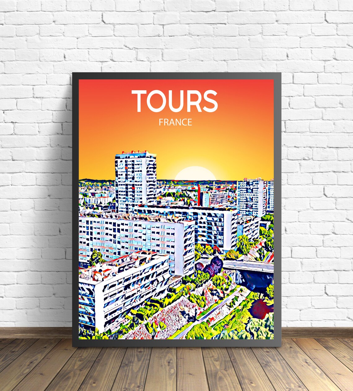 Tours France Sunset Skyline Modern City View Vintage Travel Poster