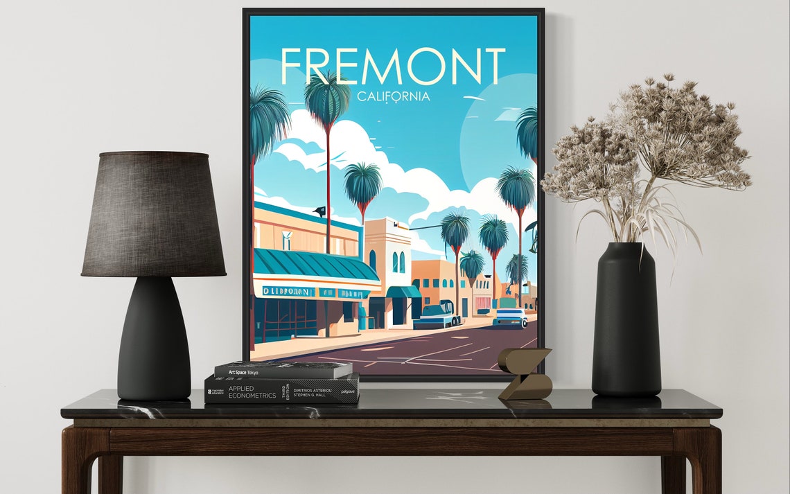 Fremont California Retro Main Street with Tall Palm Trees Poster - Image 3