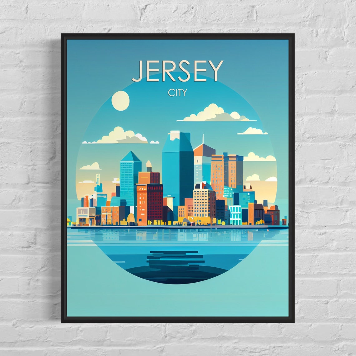 Jersey City Hudson Waterfront Skyline Circle Frame Travel Poster