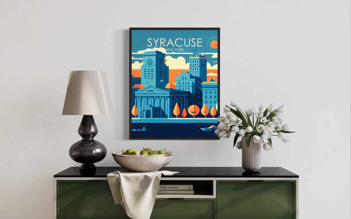 Syracuse New York Sunset City Skyline Waterfront Retro Travel Poster - Image 3