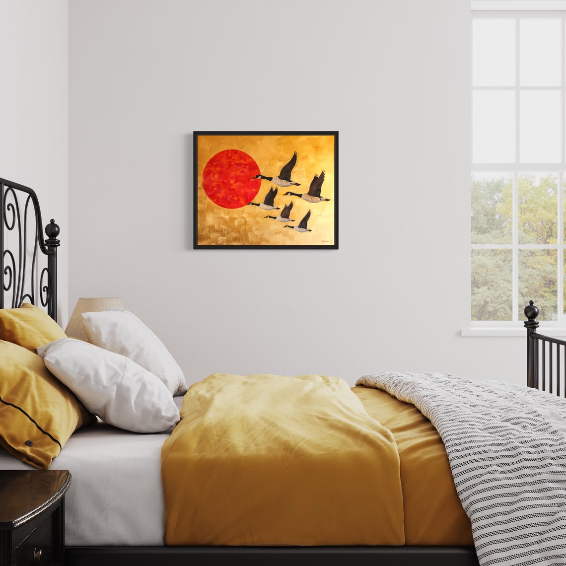 Canada Geese Formation in Flight Against Red Sun Gold Poster - Image 3