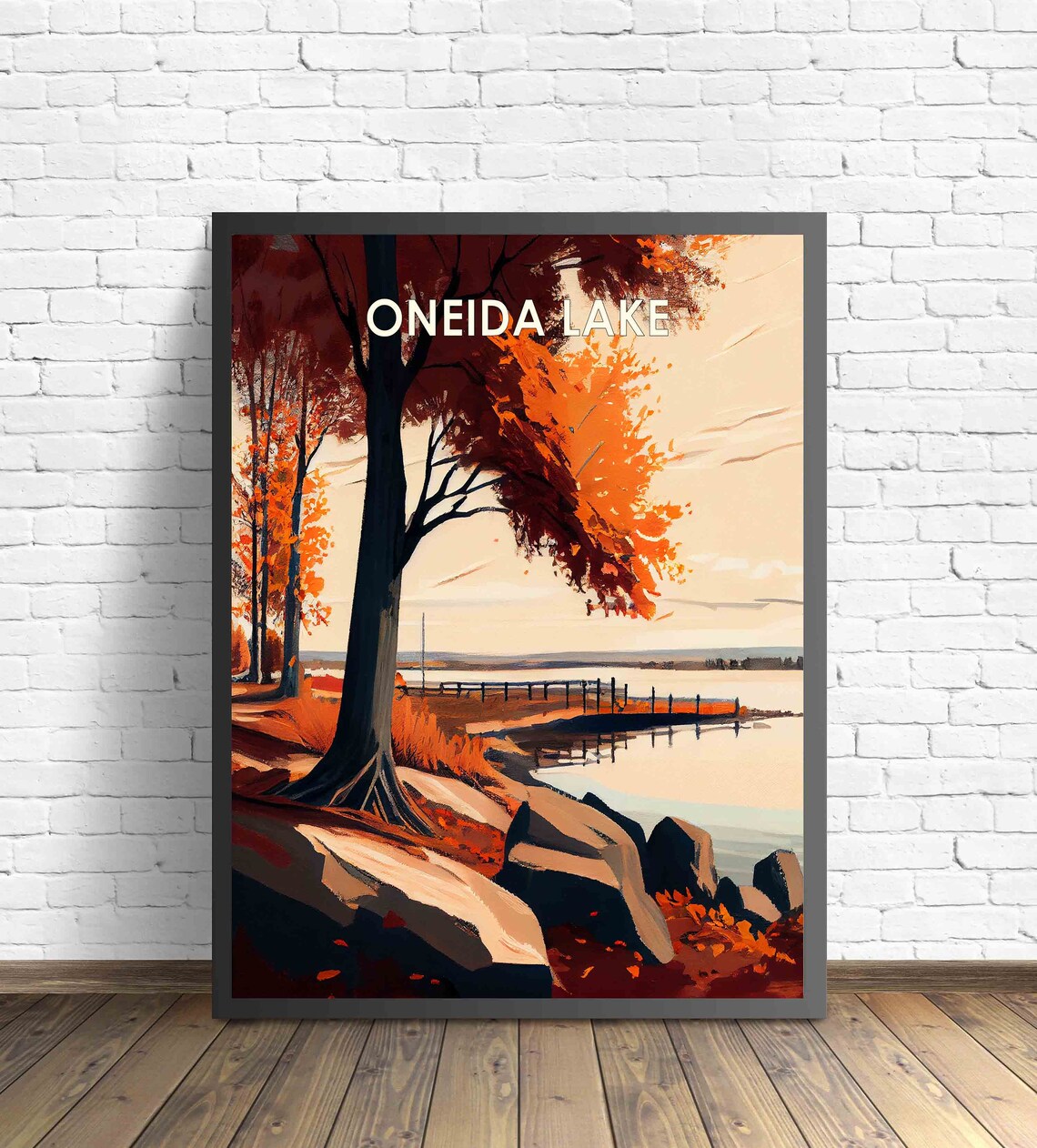 Oneida Lake New York Autumn Shoreline In 1960s Style Travel Poster