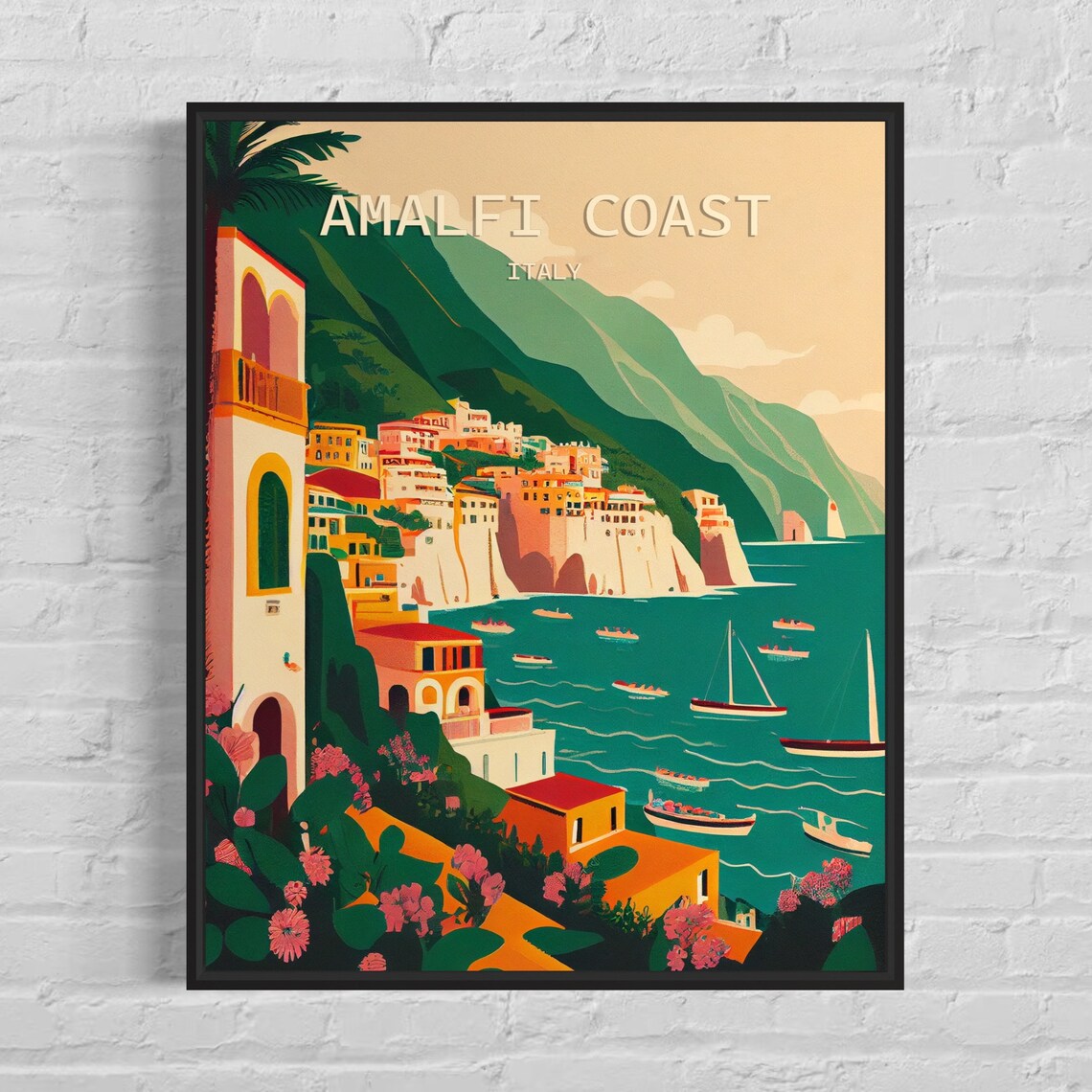 Amalfi Coast Italy Cliffside Village Boats Retro Travel Poster