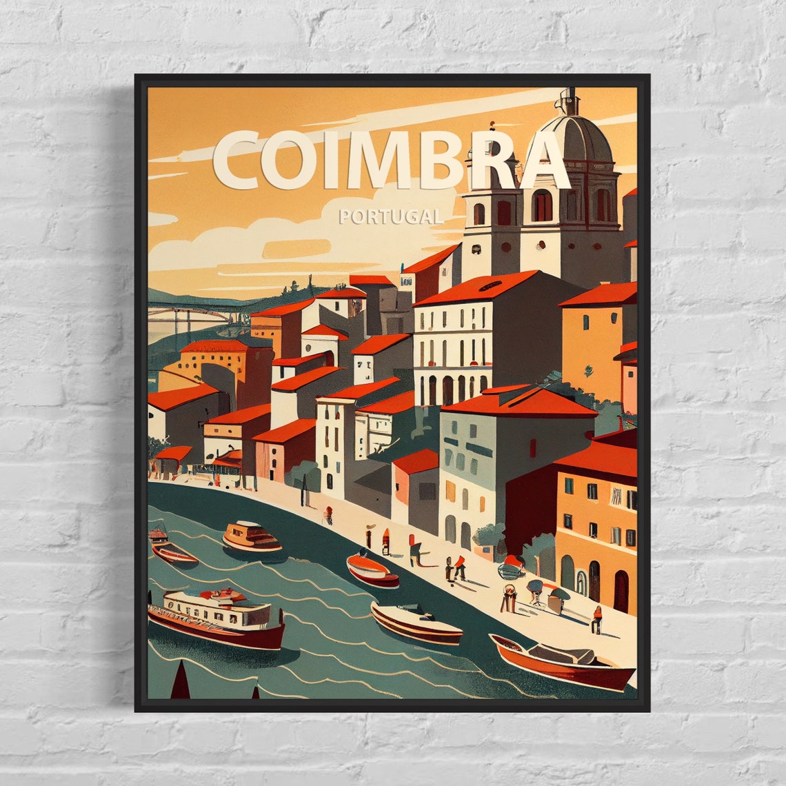 Coimbra Portugal Riverside Old Town Red Roofs Retro Art Poster
