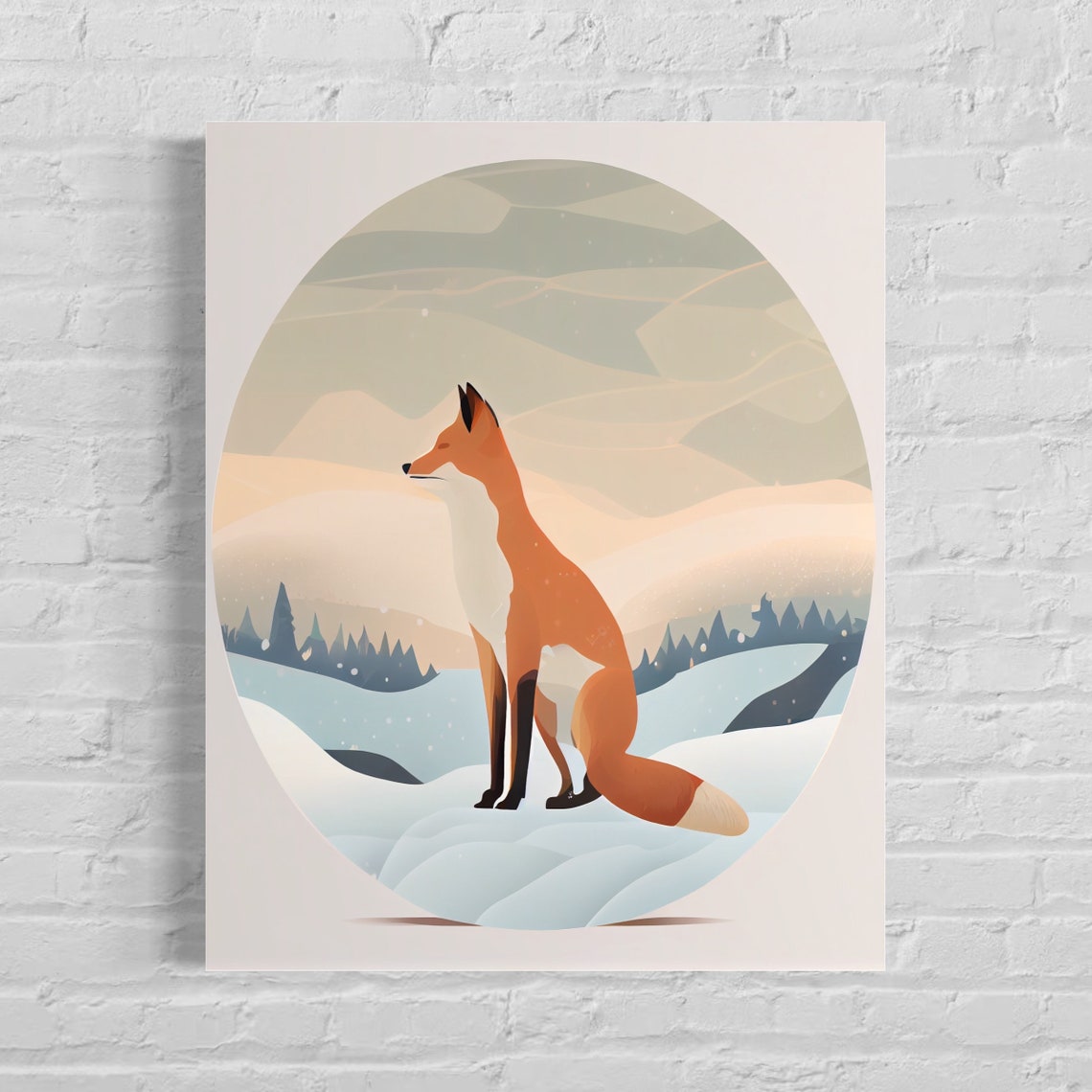 Red Fox Sitting Quietly in a Snowy Mountain Circle Art Poster