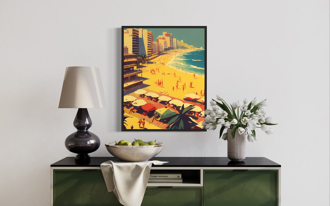 Copacabana Beach Rio Sunny Crowded Shoreline Retro Travel Poster - Image 3