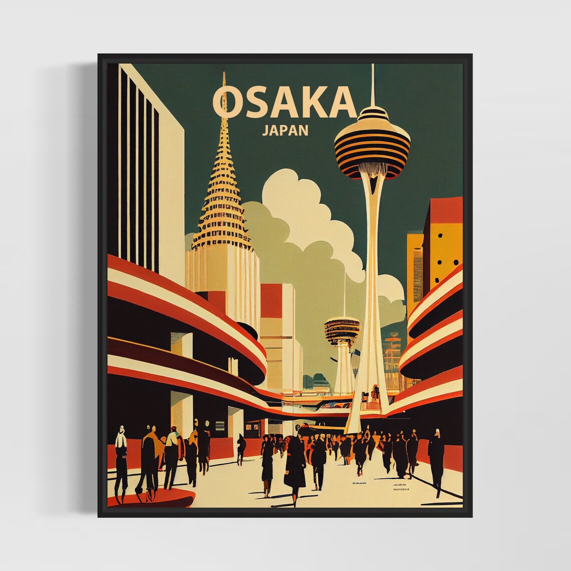 Osaka Japan Retro Cityscape Tower Street Vintage Travel Poster