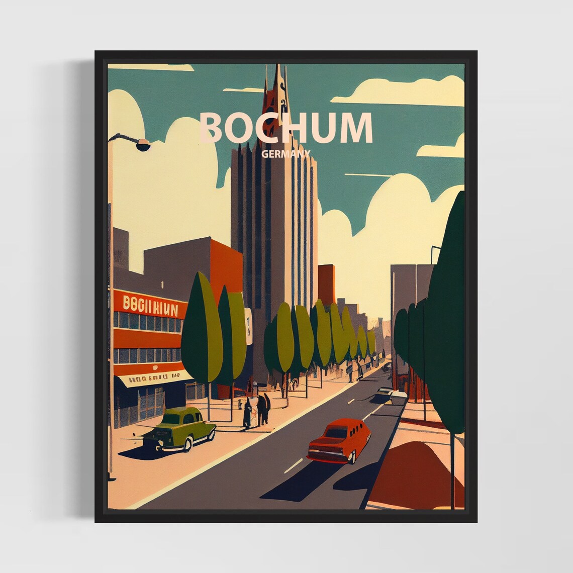 Bochum Germany City Street Vintage Cars Retro Architecture Poster