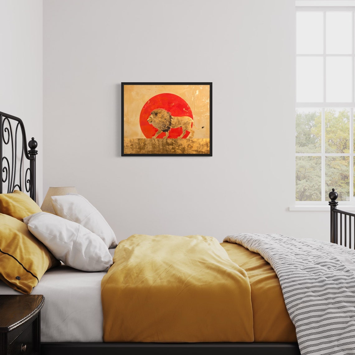 Lion Striding Before Giant Red Sun Gold Leaf Safari Art Poster - Image 3