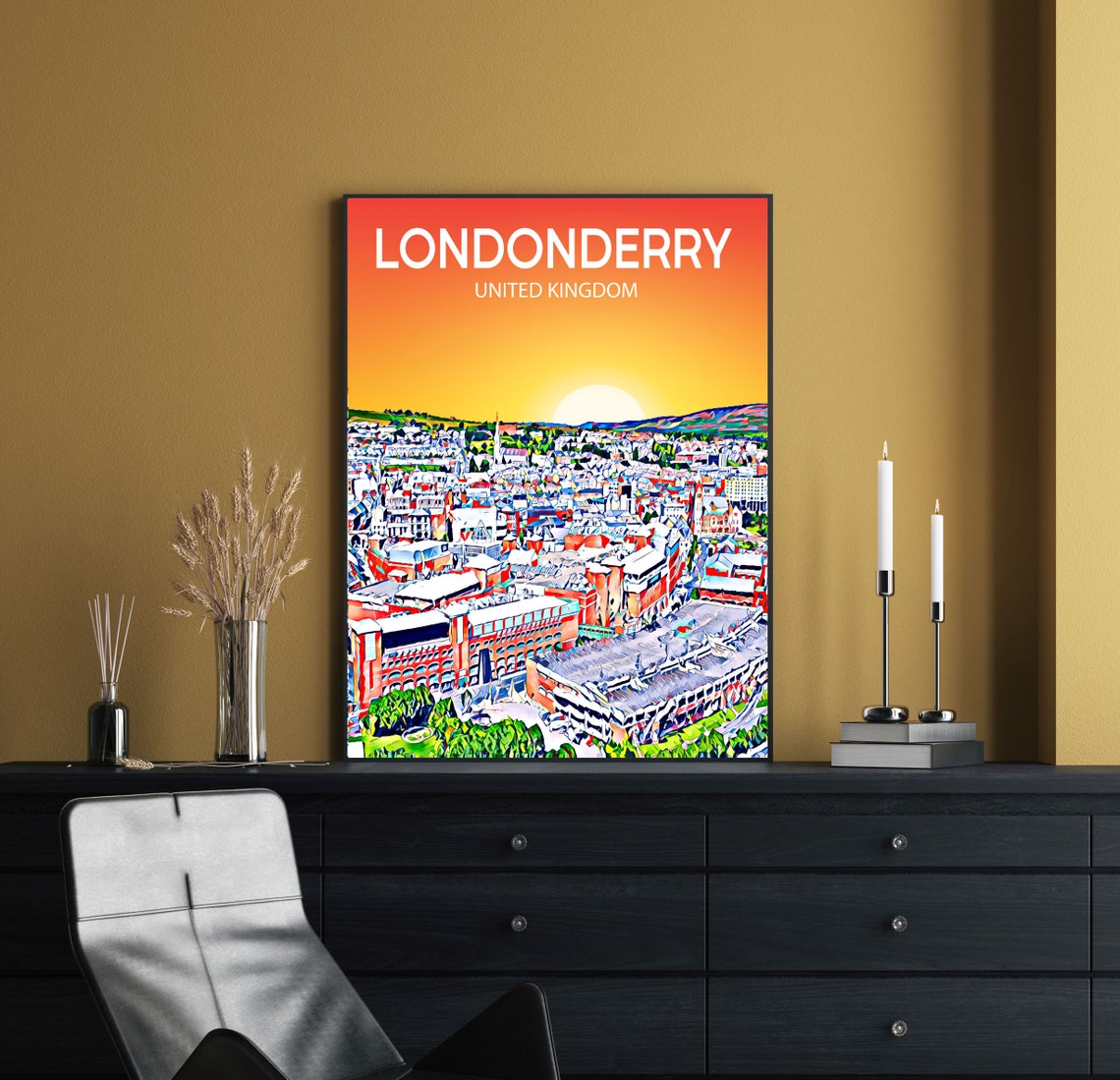 Londonderry United Kingdom Sunset Skyline Vibrant Cityscape Art Poster - Image 2