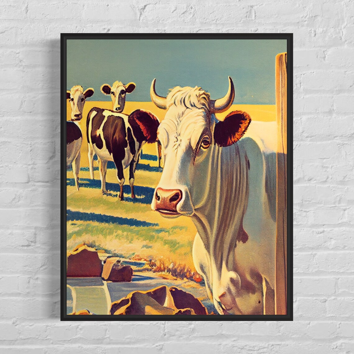 Cattle Herd Grazing in Sunny Pasture Vintage Farm Art Poster