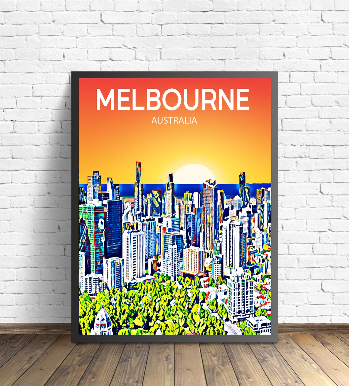 Melbourne Australia Skyscrapers Golden Sunset Bay Skyline Poster