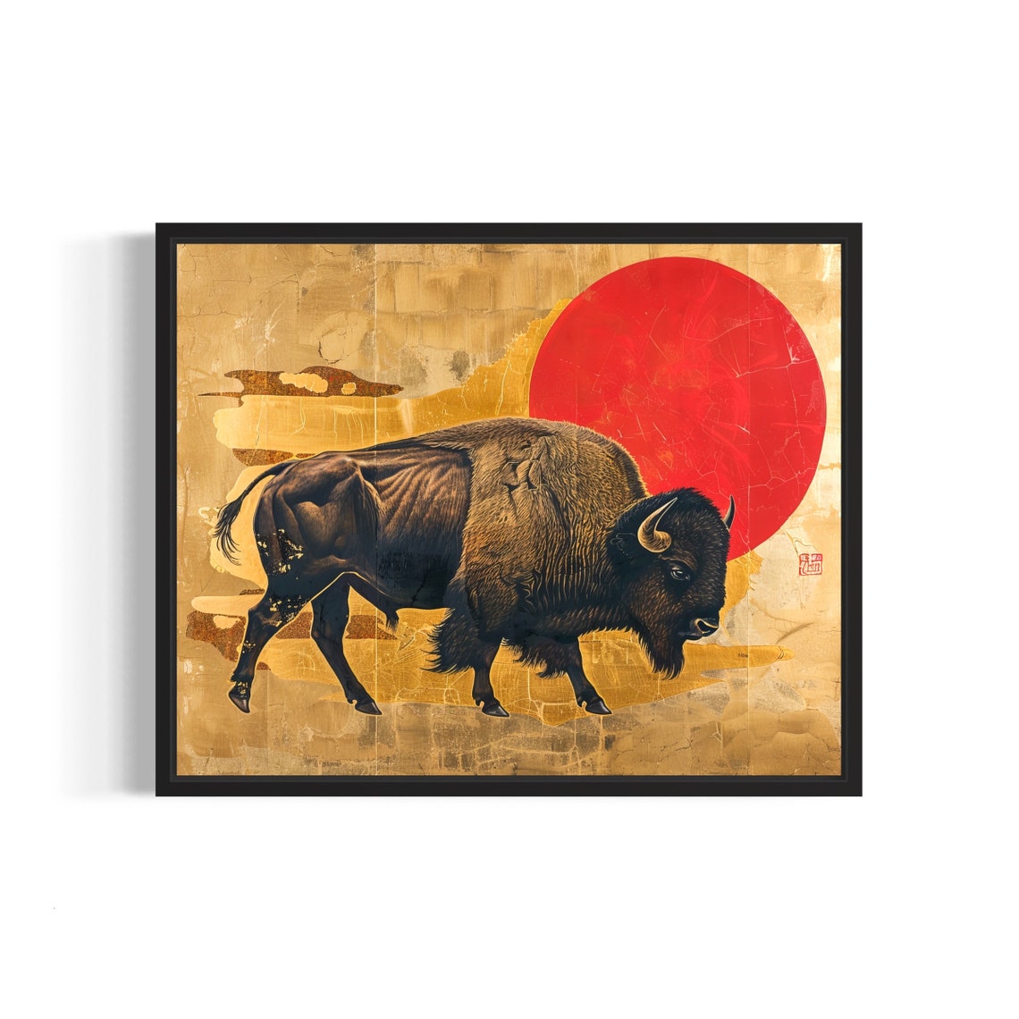American Bison Standing Before Red Sun Asian Gold Art Poster