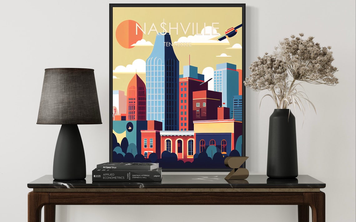Nashville Tennessee Skyline Sunset Skyscrapers Retro Music Poster - Image 2