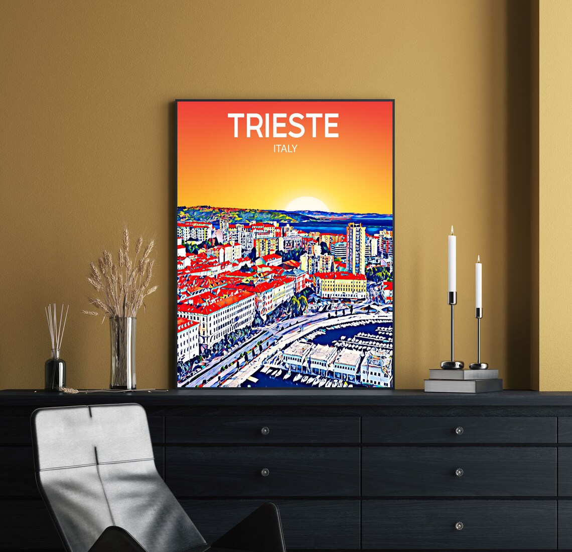 Trieste Italy Fiery Orange Sunset Harbor Marina Aerial Art Poster - Image 2