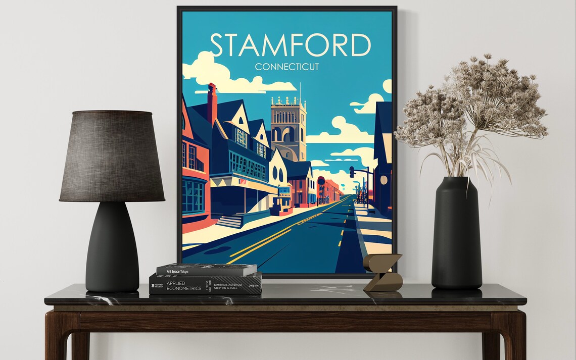 Stamford Connecticut Main Street Shops Church Tower Travel Poster - Image 2