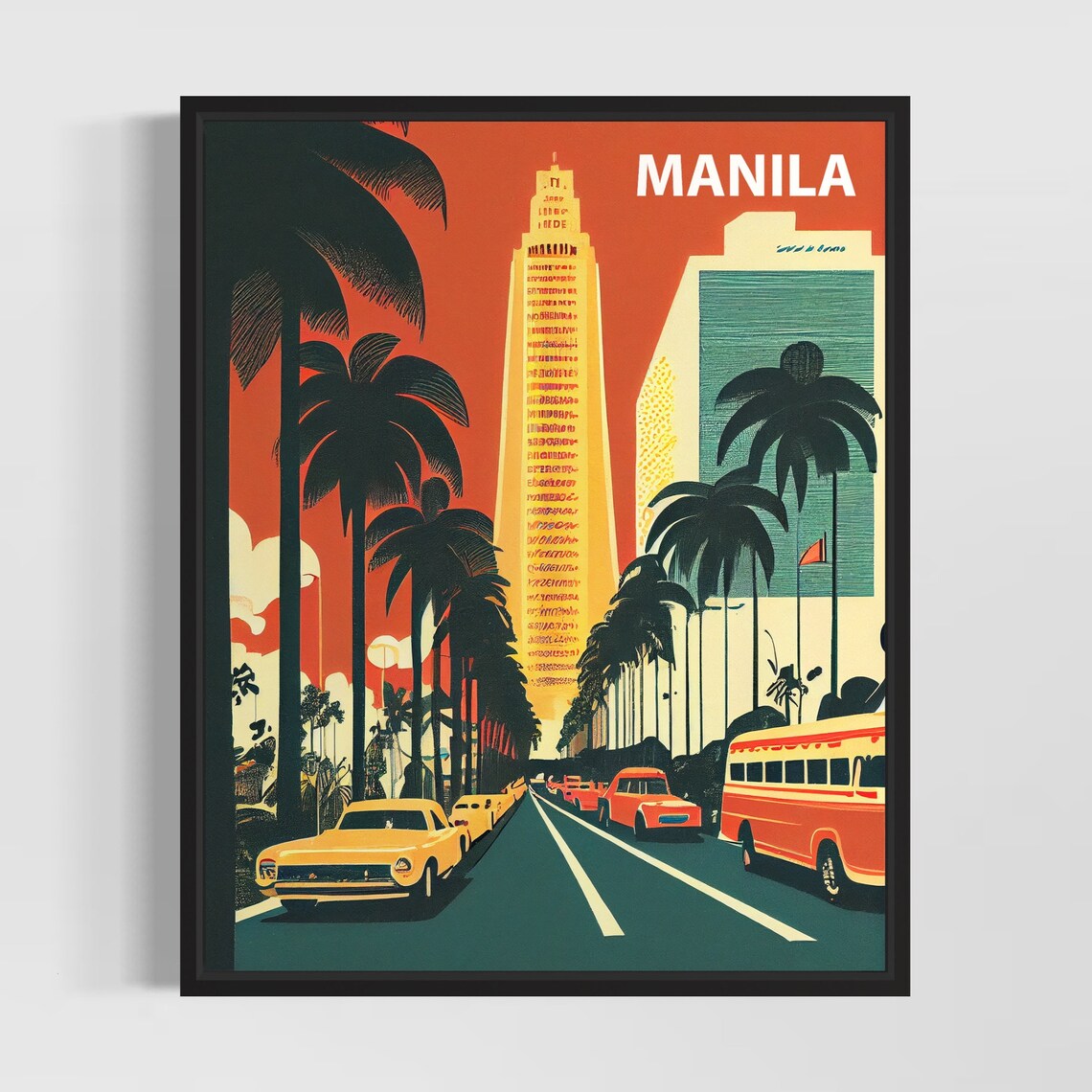 Manila Sunset Palm Boulevard Vintage Cars Retro Travel Scene Poster