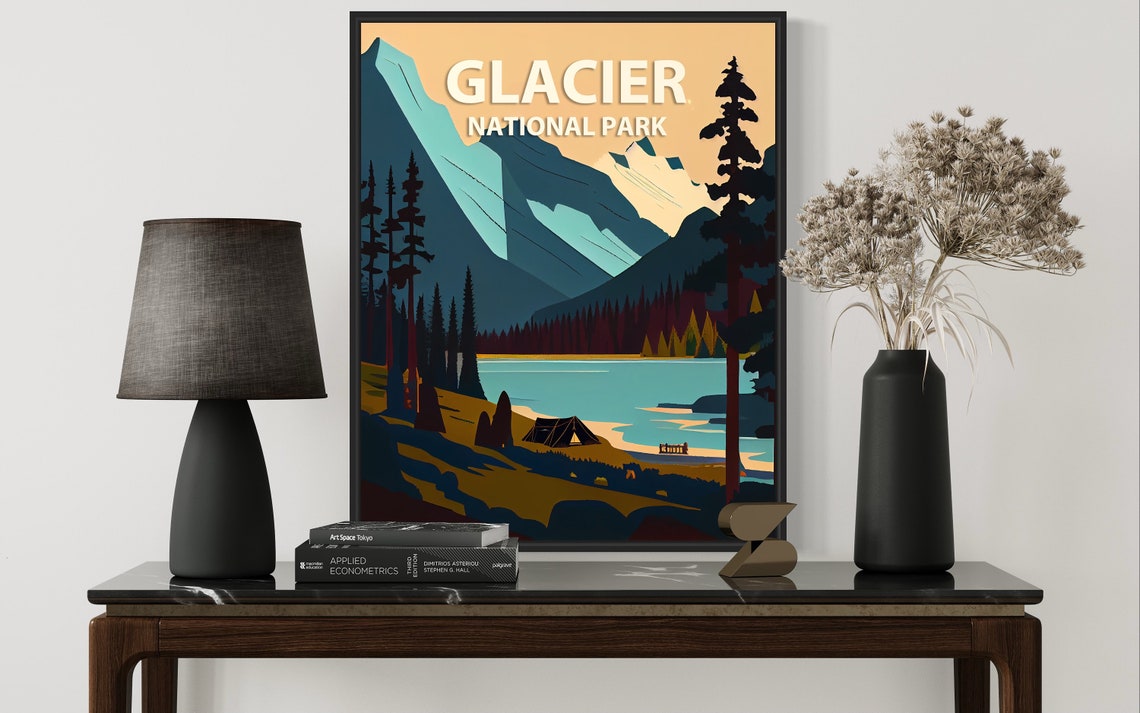 Glacier National Park Snow Peaks Lake and Tent Sunset Poster - Image 3